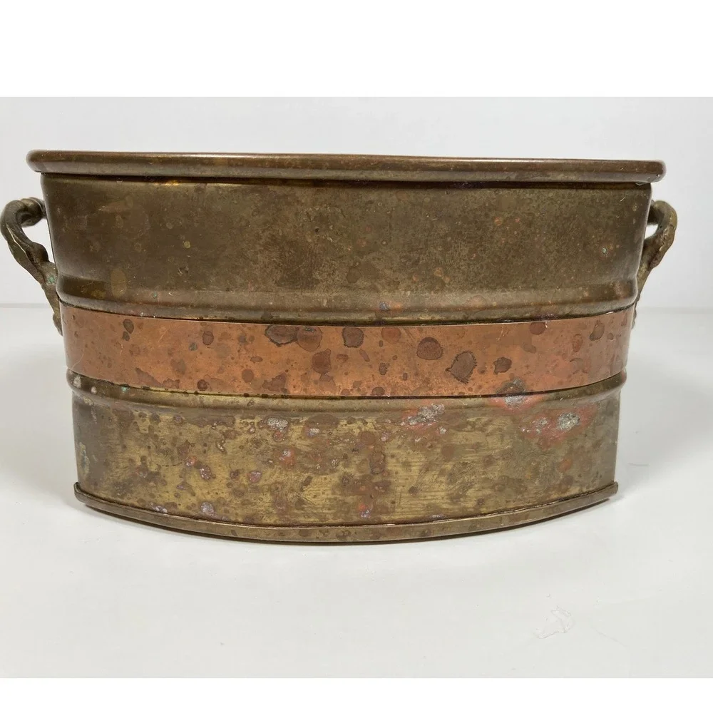 Vintage Oval Copper and Brass Planter with Handles Rustic Patina Farmhouse Decor